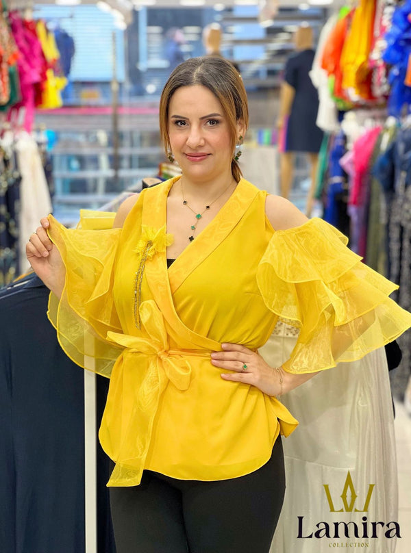 Classy satin top in yellow and white