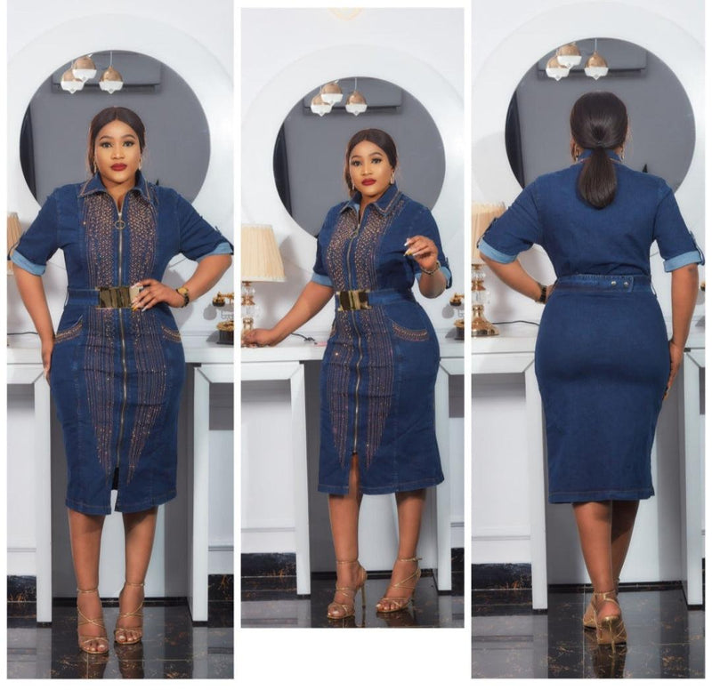 Blue knee length belted jeans dress - Blessed_PTA_Collections