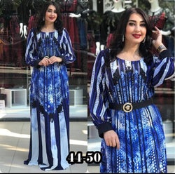 BELTED BLUE & WHITE PATTERNED LONG DRESS - Blessed_PTA_Collections