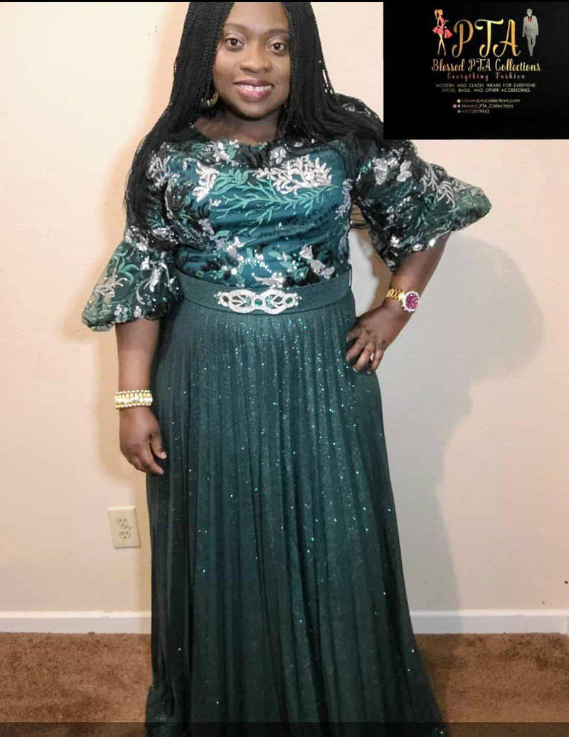 PLUS SIZE LACE SEQUINS BELTED GREEN DRESS - Blessed_PTA_Collections